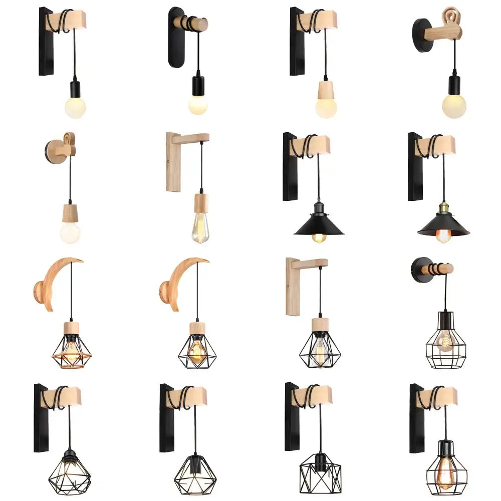 Rustic wood and iron wall sconce bedroom cage guard light