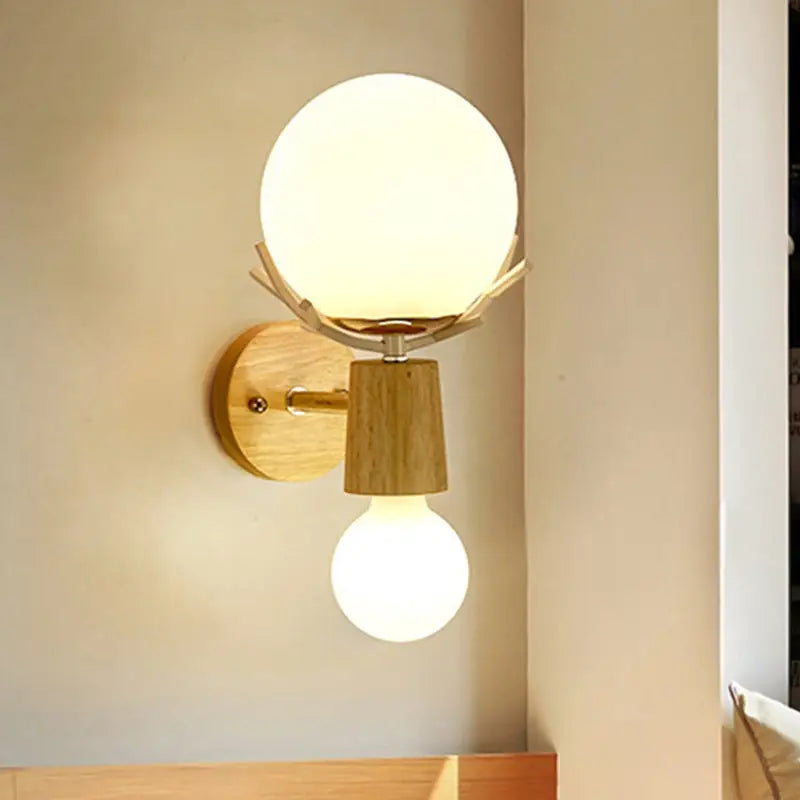 Rustic wood and white globe sconce wall lamp for stairways