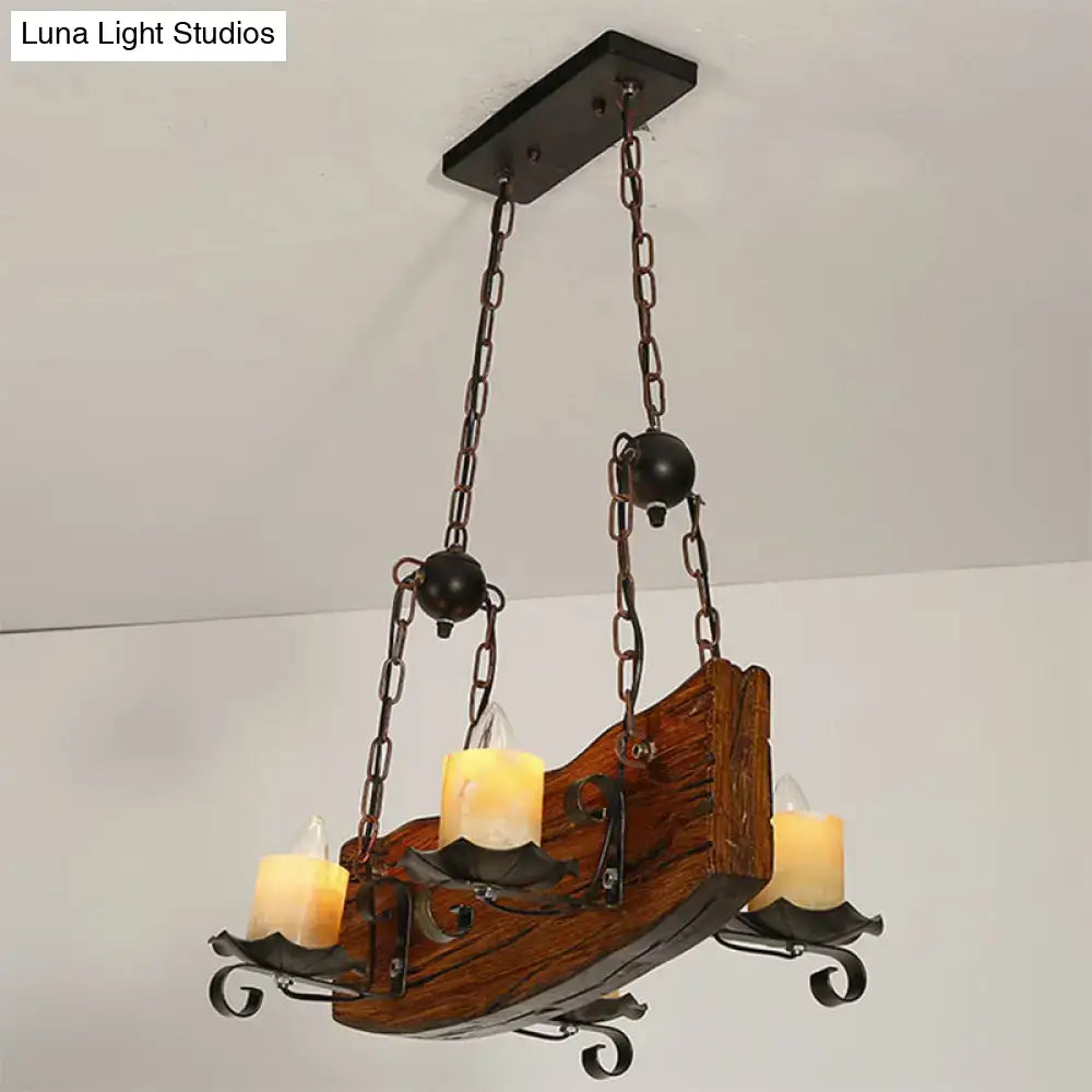 Rustic wood board island pendant light kitchen 4 bulb brown