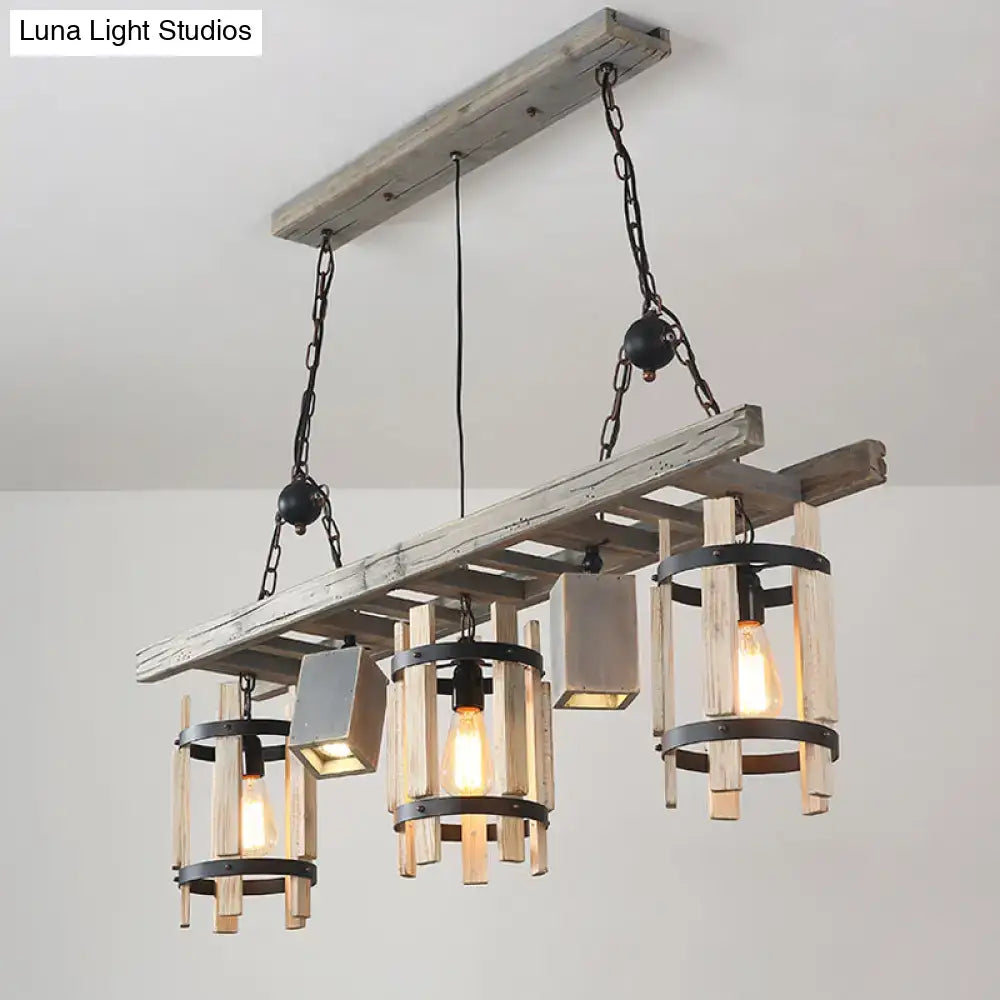 Rustic wood cylinder frame ceiling light dining room grey & brown