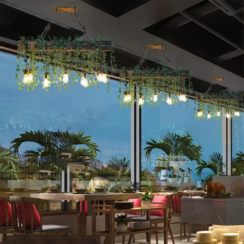 Rustic wood hanging chandeliers dining room planter with edison bulbs