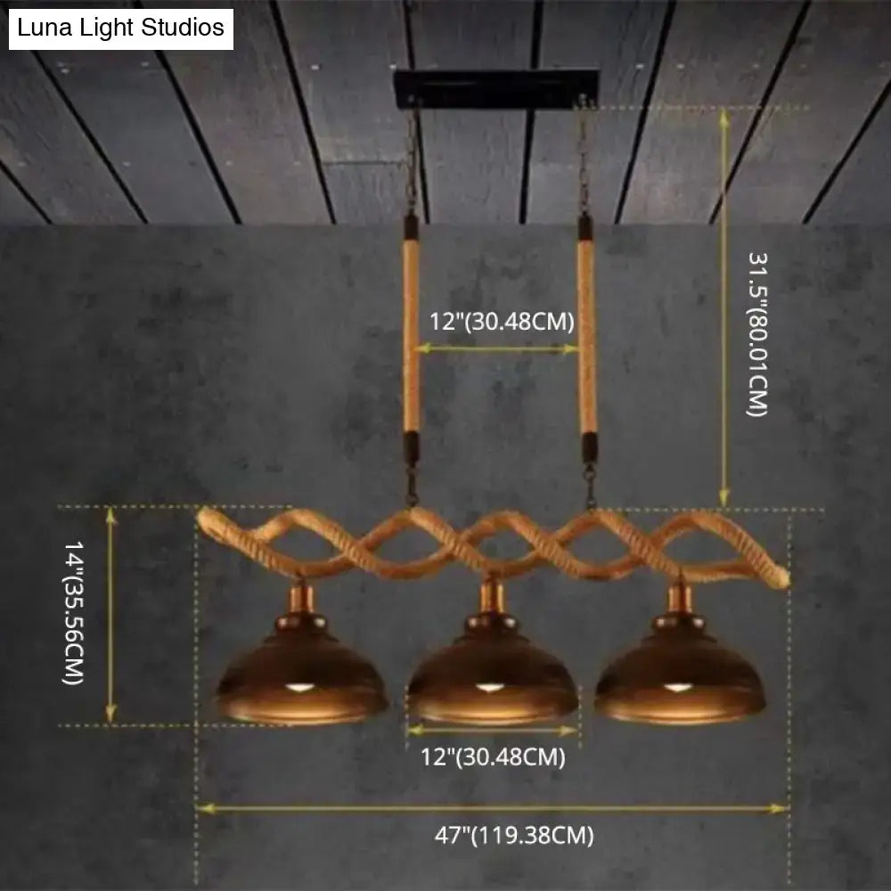 Rustic wooden beam and beige rope 3 light island pendant kitchen light