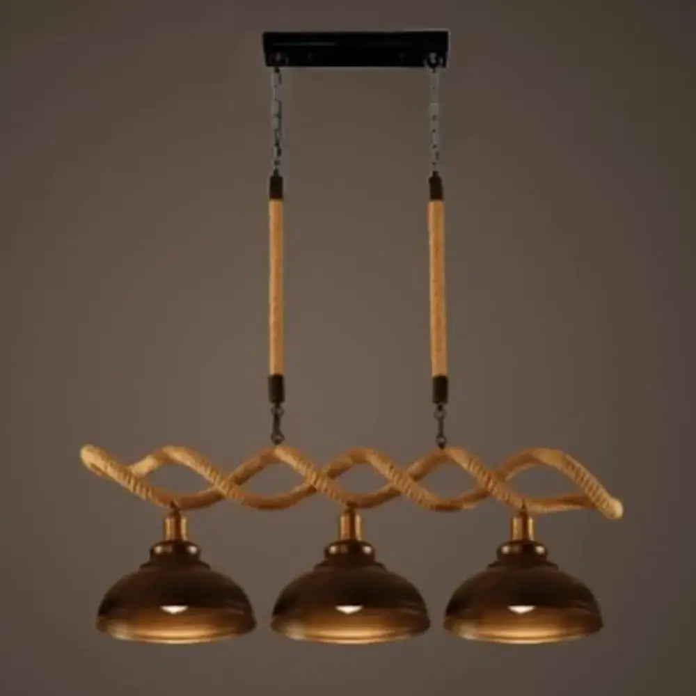 Rustic wooden beam and beige rope 3 light island pendant kitchen light