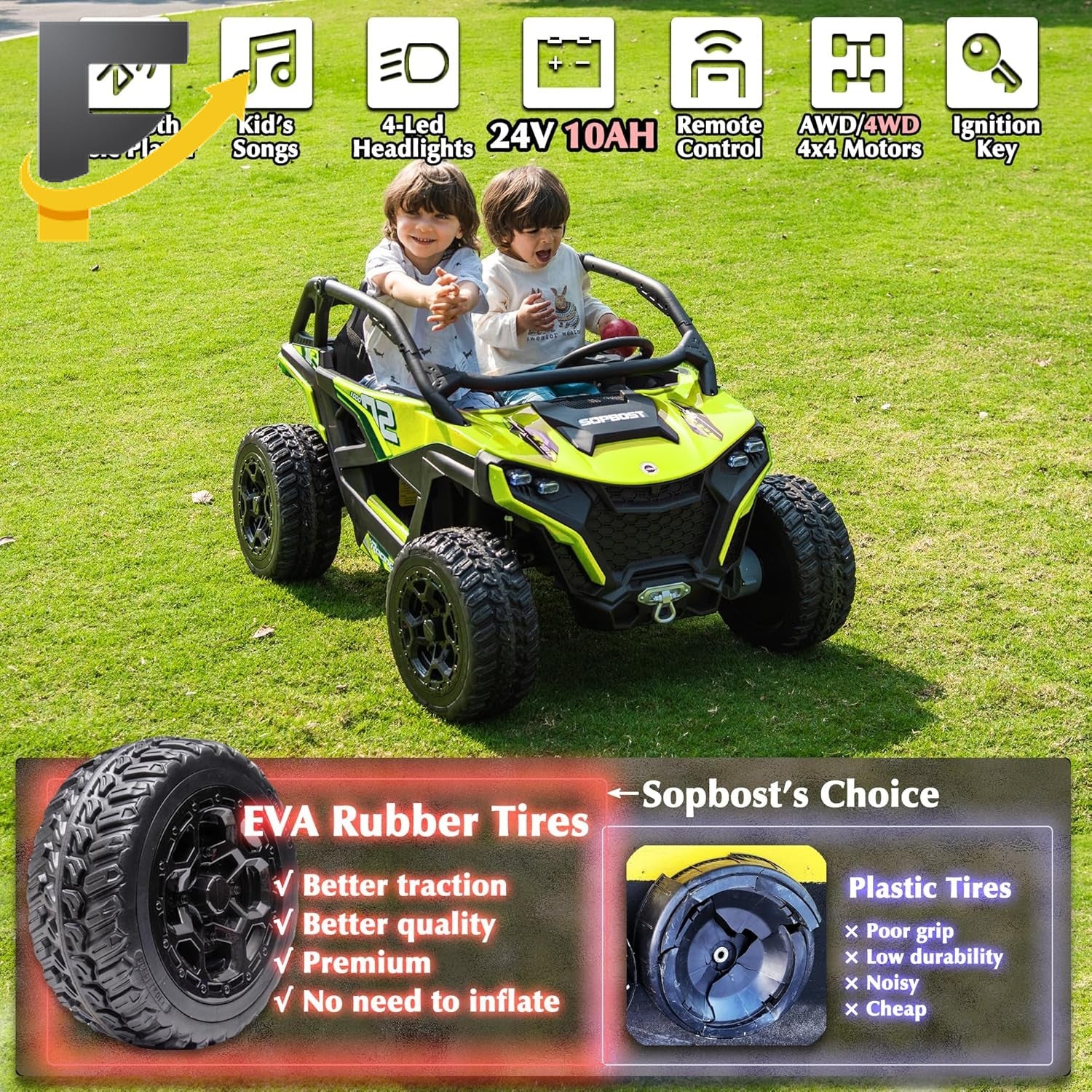 24V 10Ah Kids 2-Seater Ride-On UTV with Remote Control for Boys and Girls