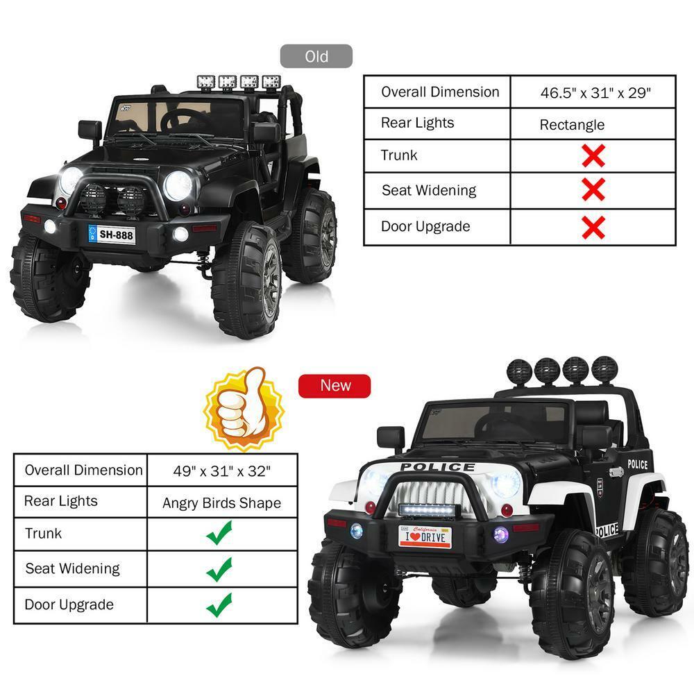 12 Volt Electric Kids Ride-On Police Truck Car with MP3 Player, Bluetooth Connectivity, and Remote Control - Black