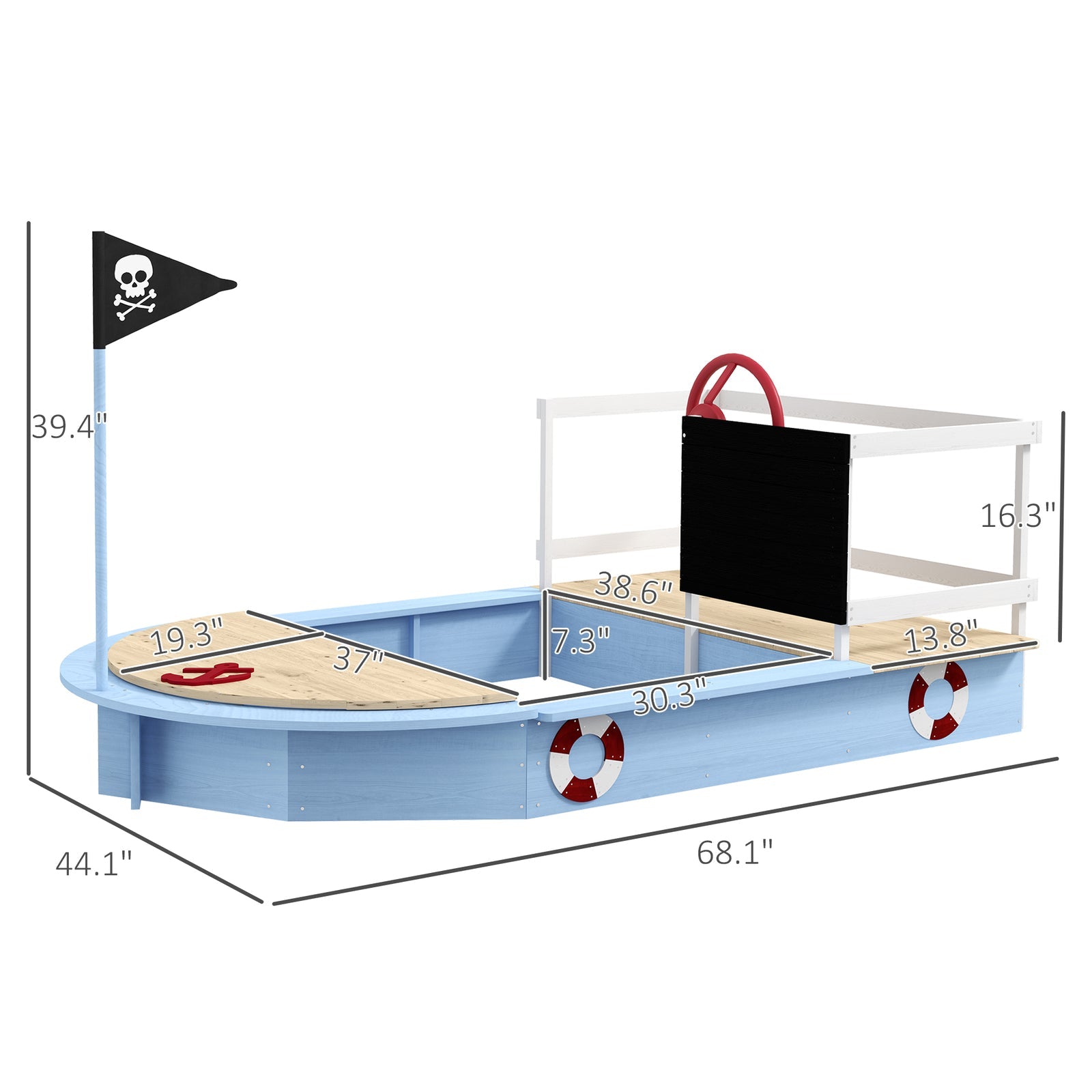 Wooden Sandbox with Pirate Ship Design for Ages 3-7, Blue