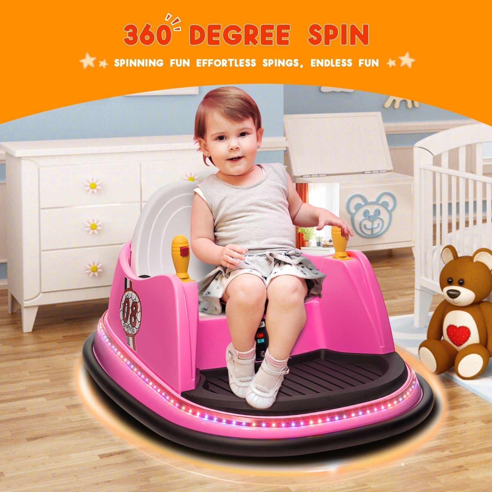 12V Kids Ride-On Bumper Car with Remote Control and 360° Spin Toddler Toy Pink