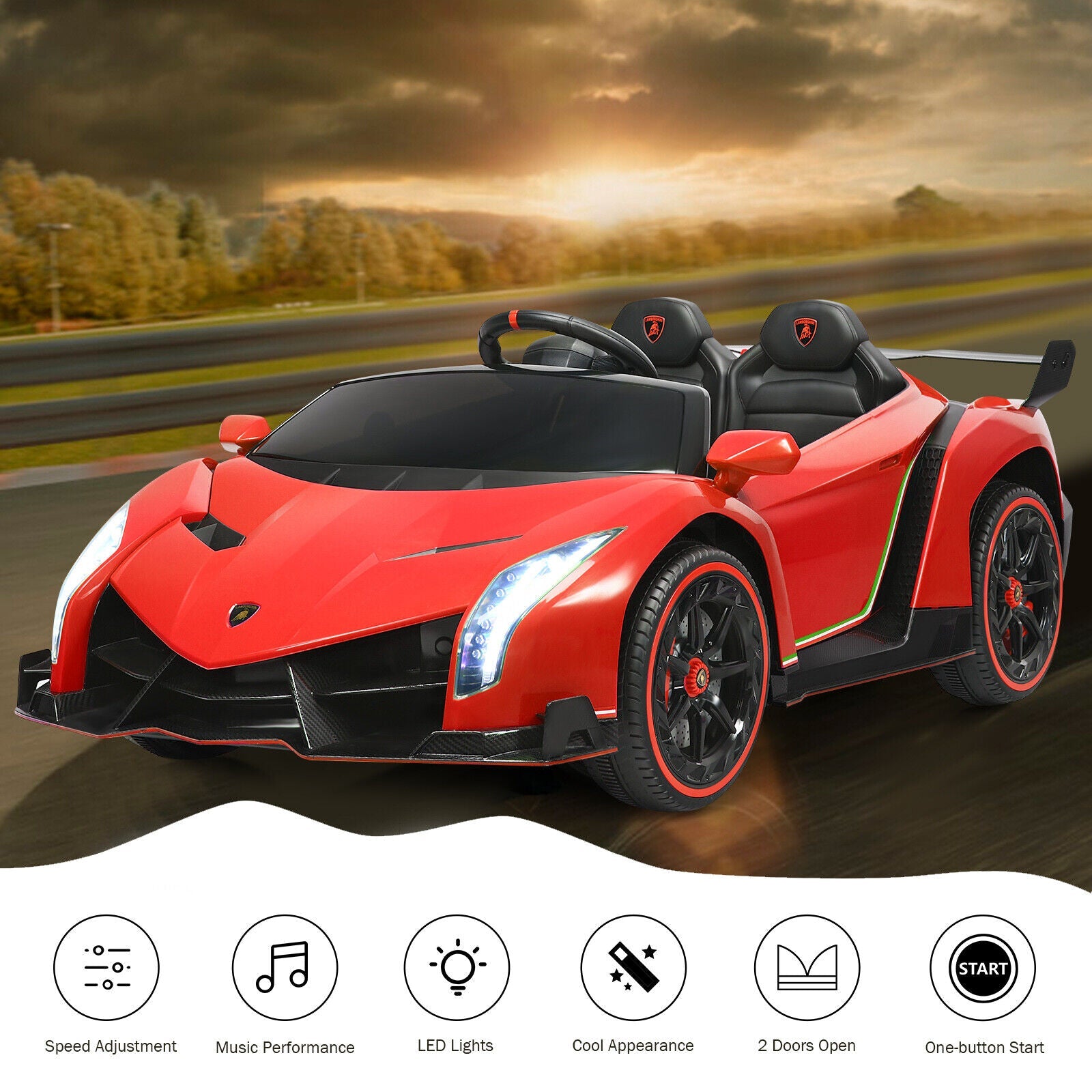 2-Seater Licensed Lamborghini Kids Ride On Car with RC and Swing Function - Red (12V)