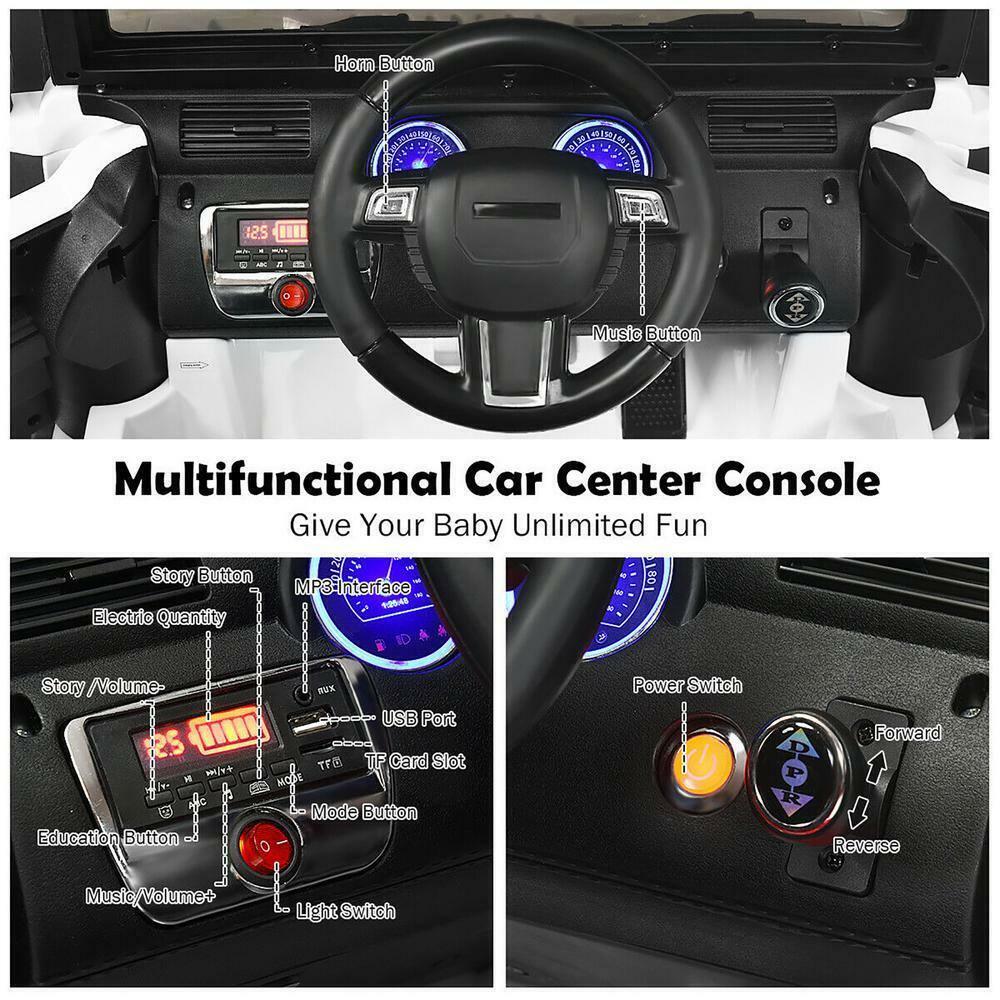 12-Volt White Ride-On Car Truck for Kids with RC Control, LED Lights, Music, and Trunk