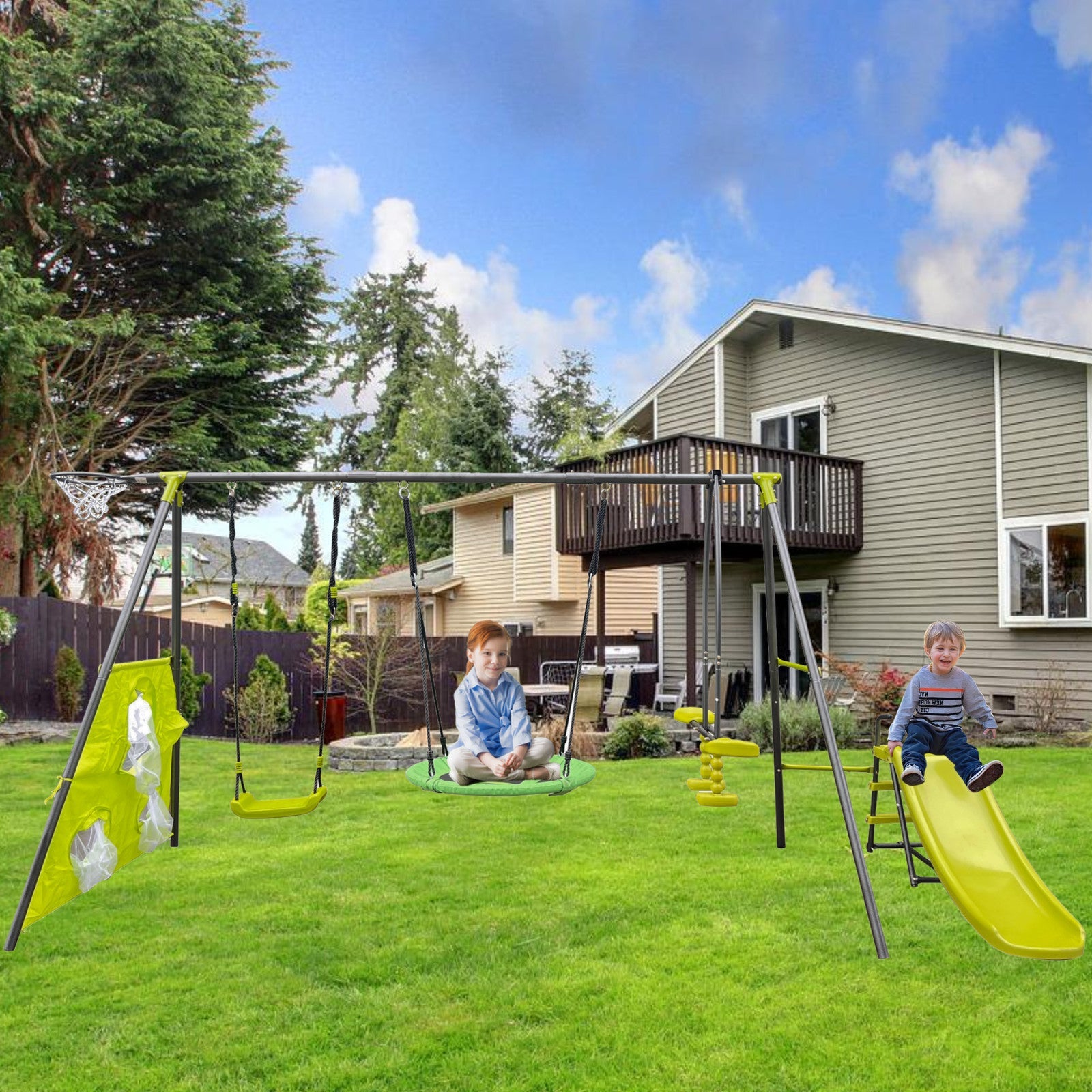 Six-Function Green and Blue Metal and Plastic Swingset with Net Swing