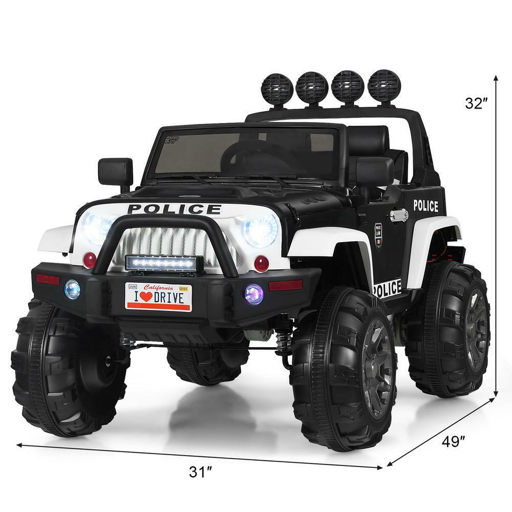 12 Volt Electric Kids Ride-On Police Truck Car with MP3 Player, Bluetooth Connectivity, and Remote Control - Black