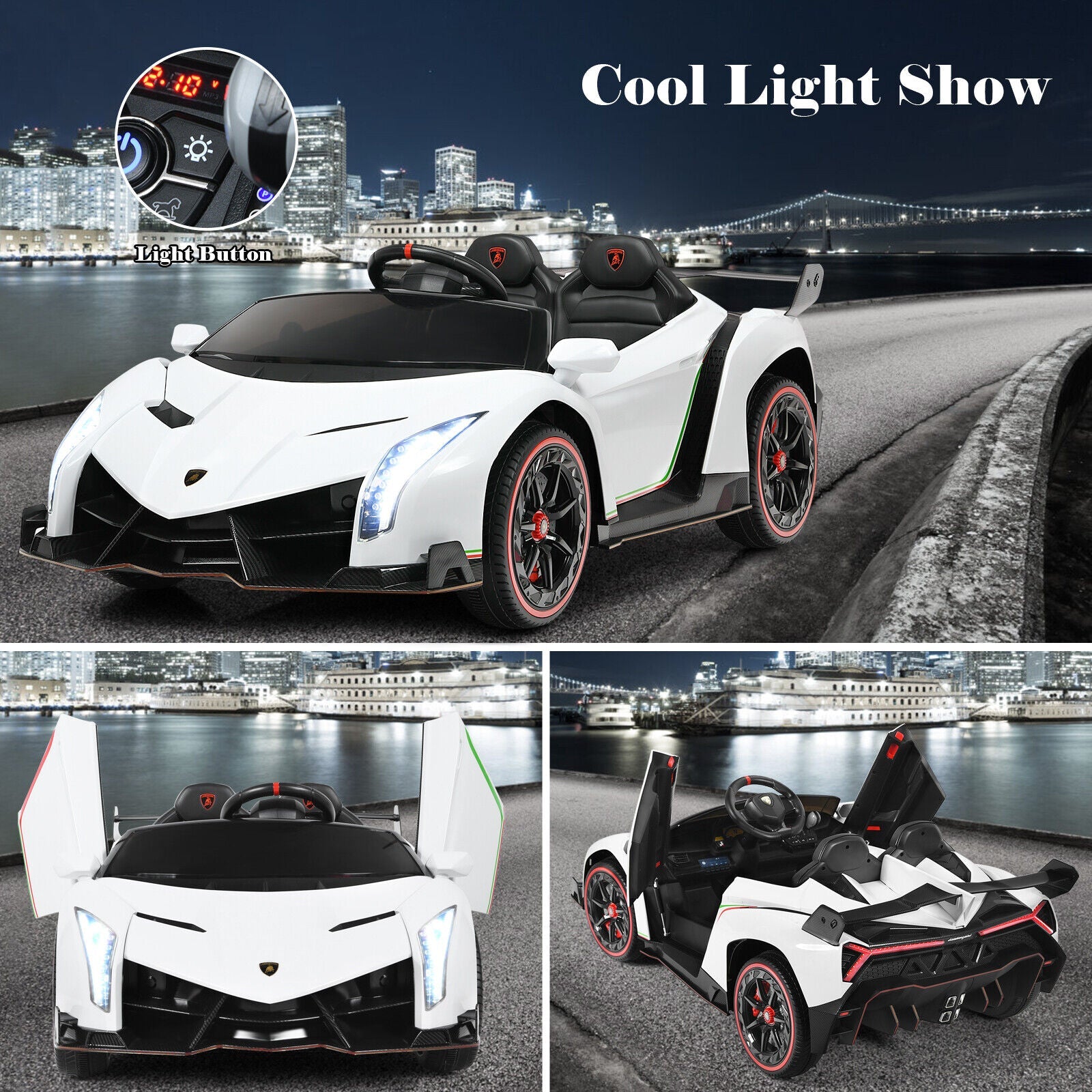 2-Seater Licensed Lamborghini Kids Ride On Car with RC and Swing Function - White (12V)
