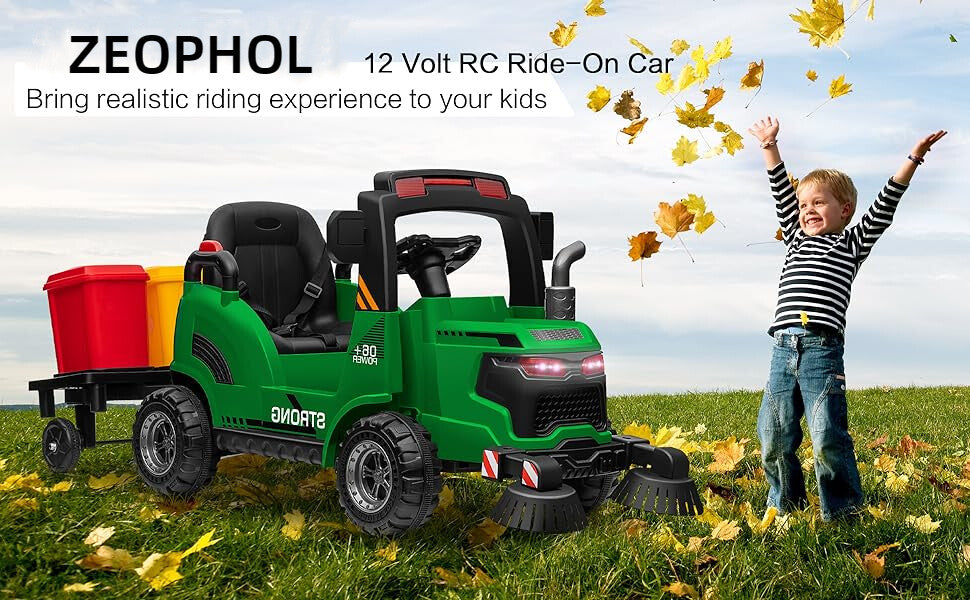 12V Kids Ride-On Construction Sweeper Truck with Trailer and Rubbish Bin Toy Car