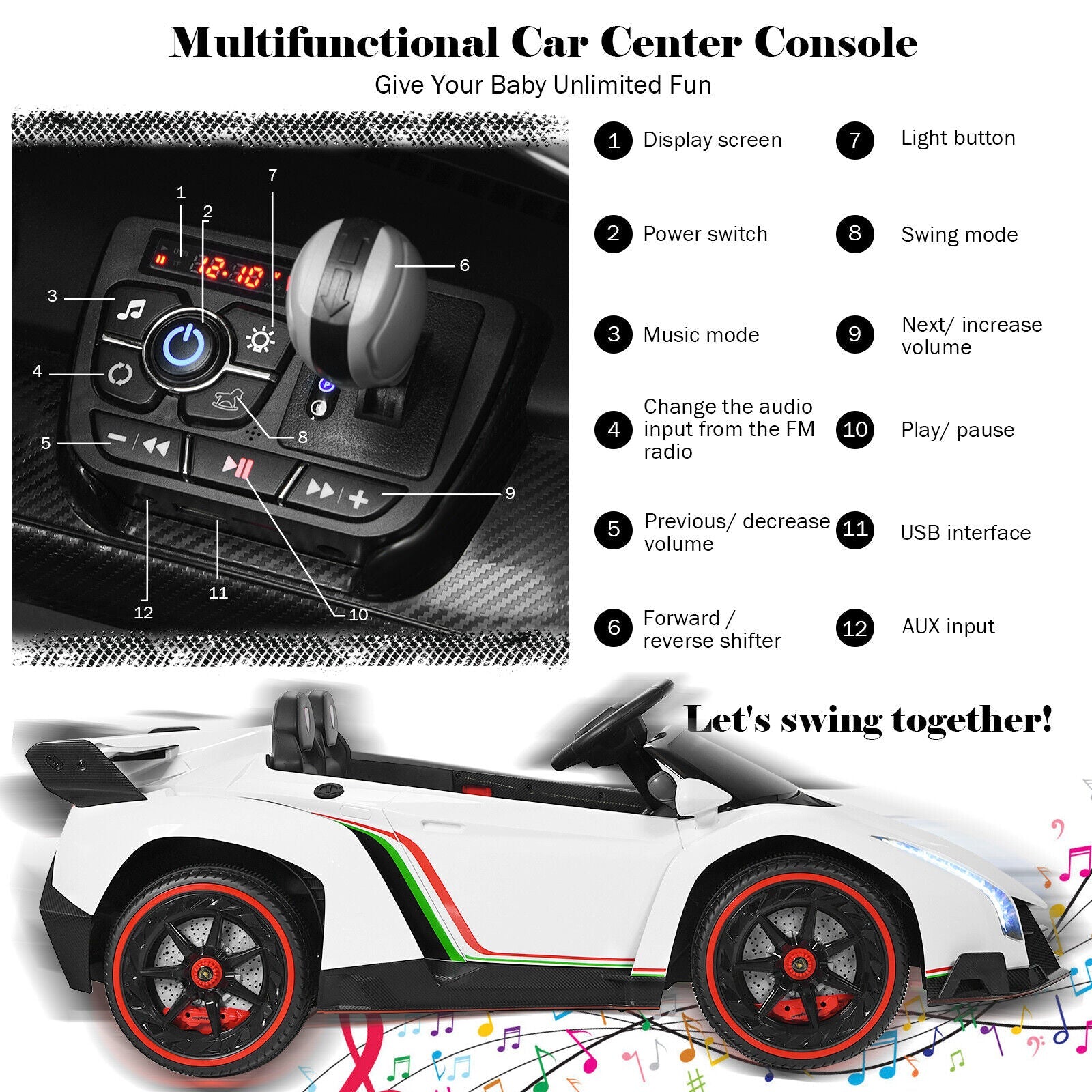 2-Seater Licensed Lamborghini Kids Ride On Car with RC and Swing Function - White (12V)