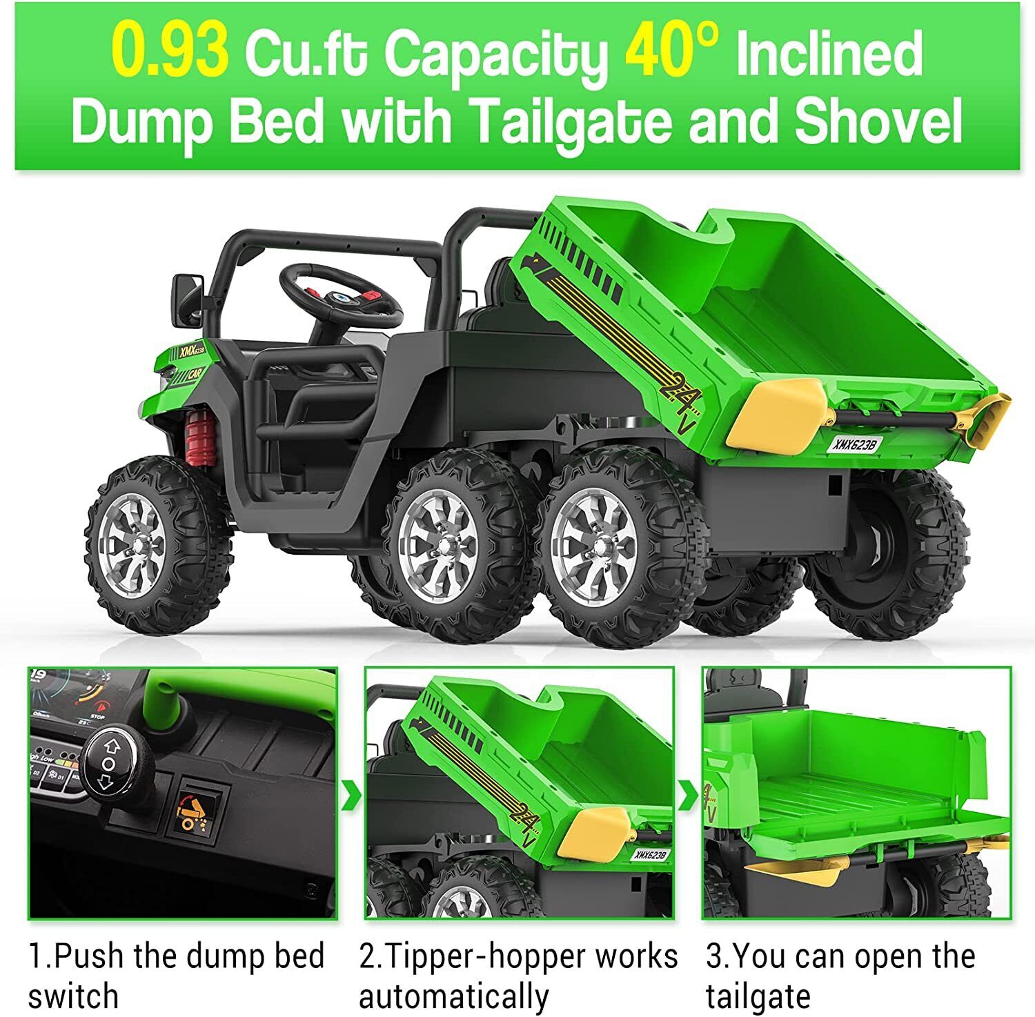 Green 2-Seat Dump Truck Ride-On Toy with 24V Battery Power and 6 Wheels for Kids