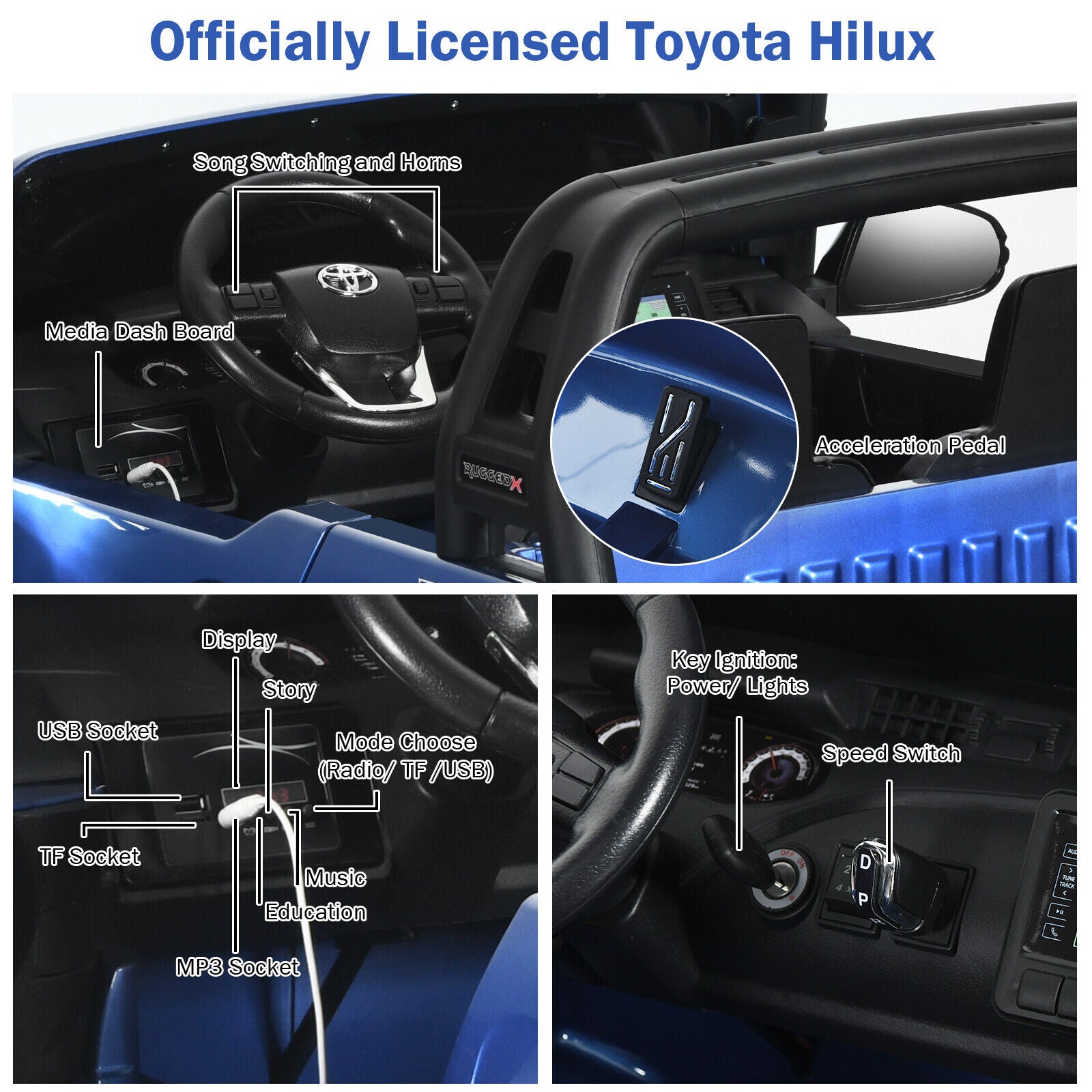 2-Seater Licensed Toyota Hilux Ride On Truck Car with Remote Control - Blue