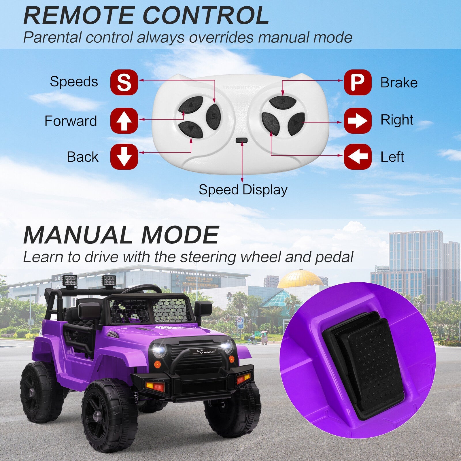 12V Kids Ride-On Truck with Remote Control, Power Wheels, and LED Lights