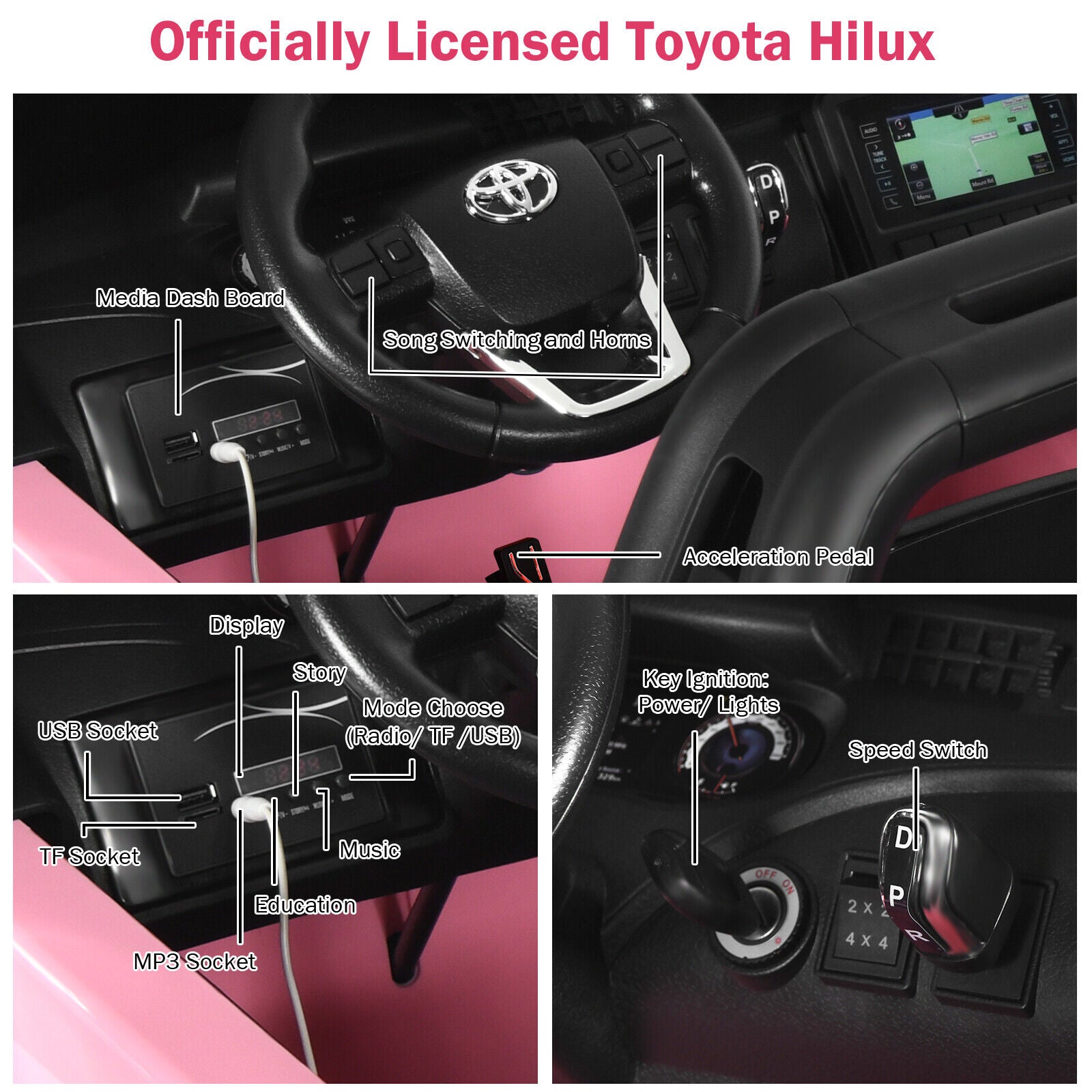 2-Seater 4WD Toyota Hilux Ride On Truck Car with Remote Control - Pink
