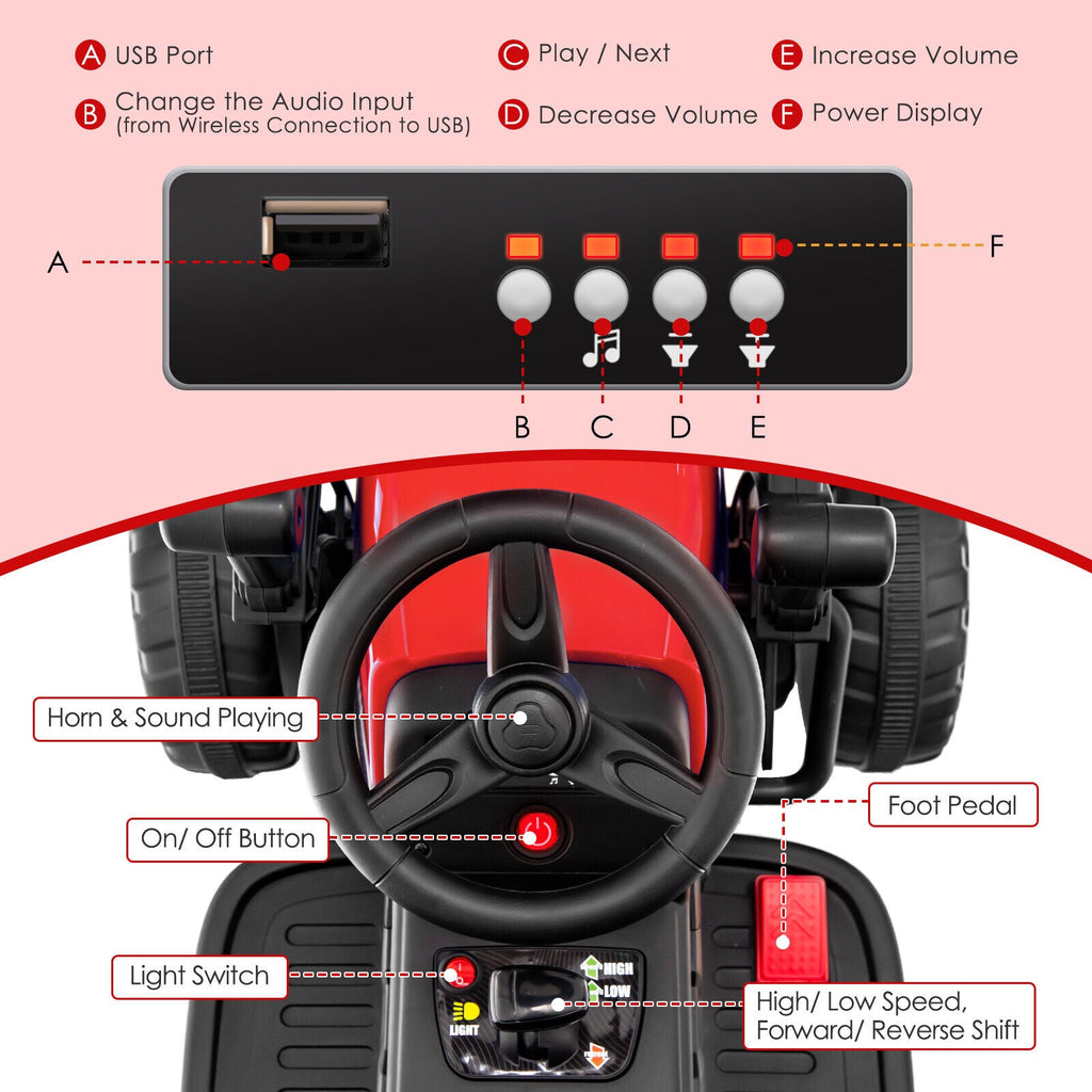 12V Electric Tractor for Kids with Remote Control, LED Lights, and Music - Red