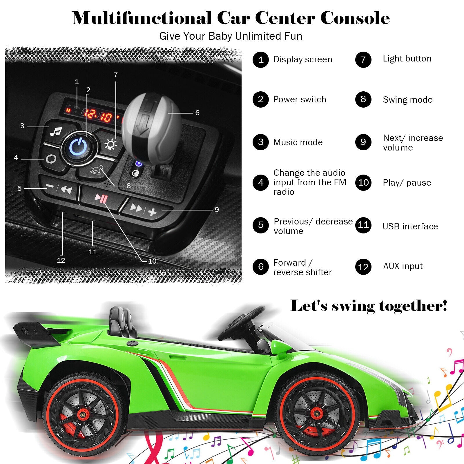 Licensed 12V Lamborghini Kids Ride On Car with RC & Swing Function - Green, 2-Seater