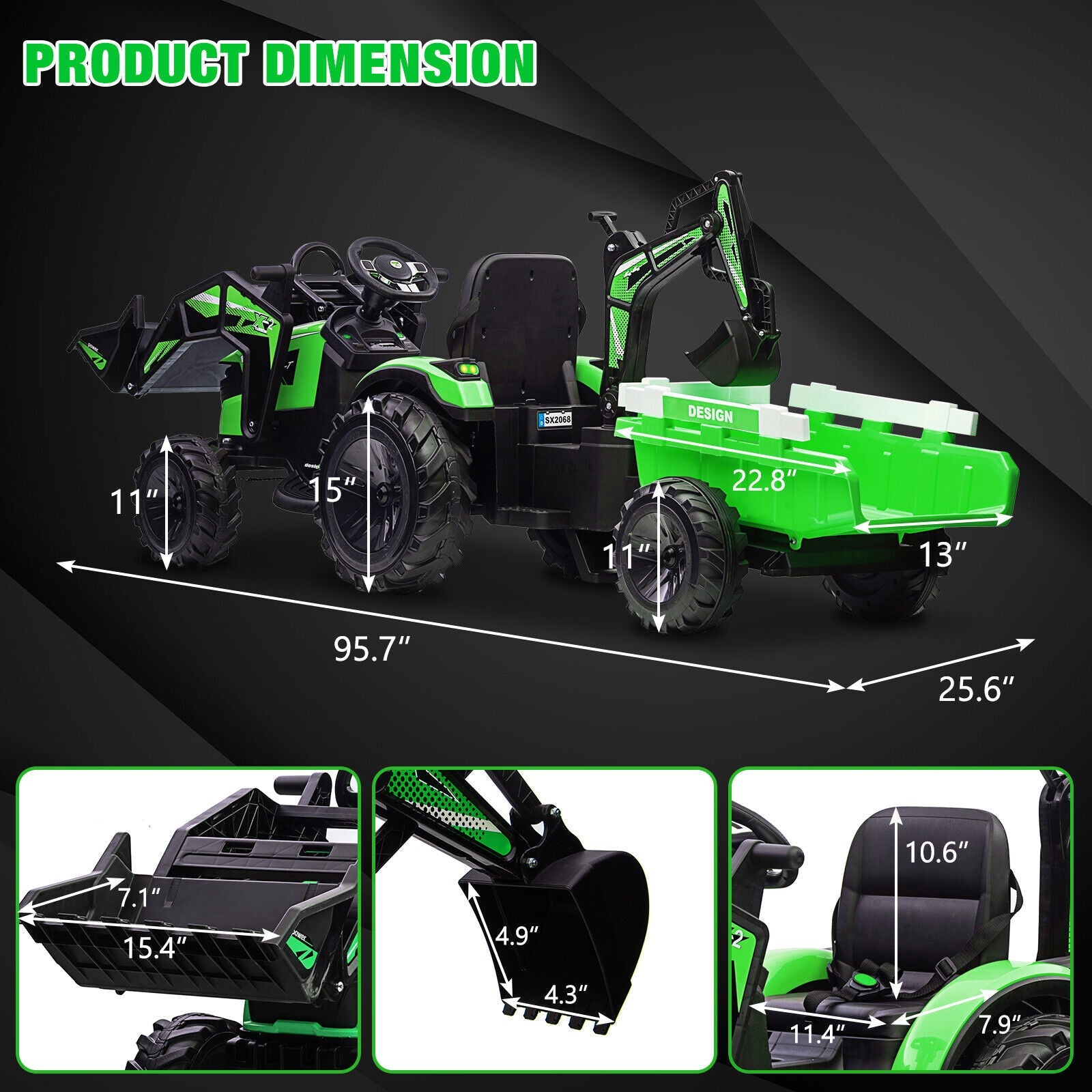 24V Battery-Powered Tractor with Trailer Loader & Digger Remote-Control Ride-on Vehicle