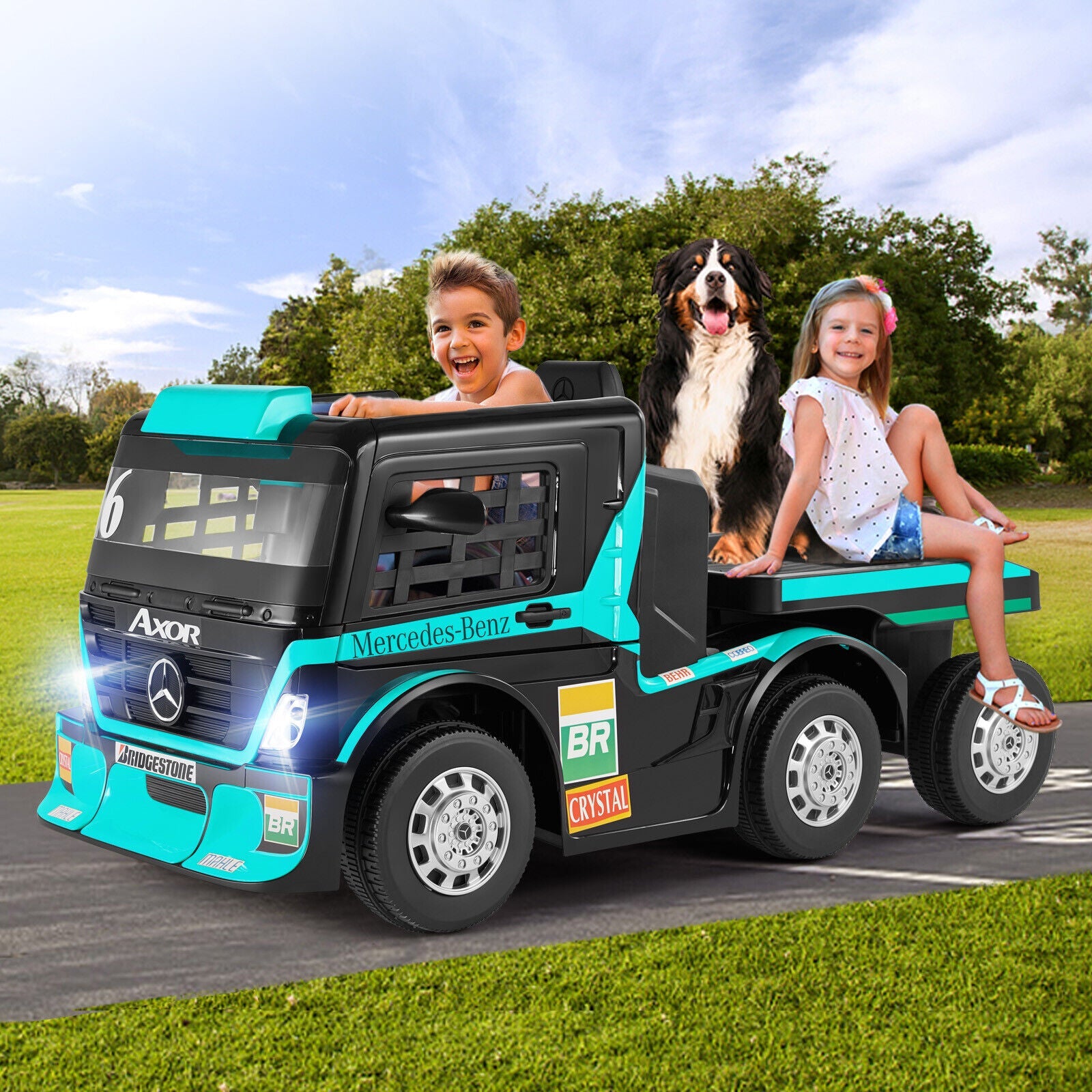 12V10AH Battery Powered Ride-On Truck with Swing Trailer and MP3 Player - 6 Wheels RC Toy for Kids