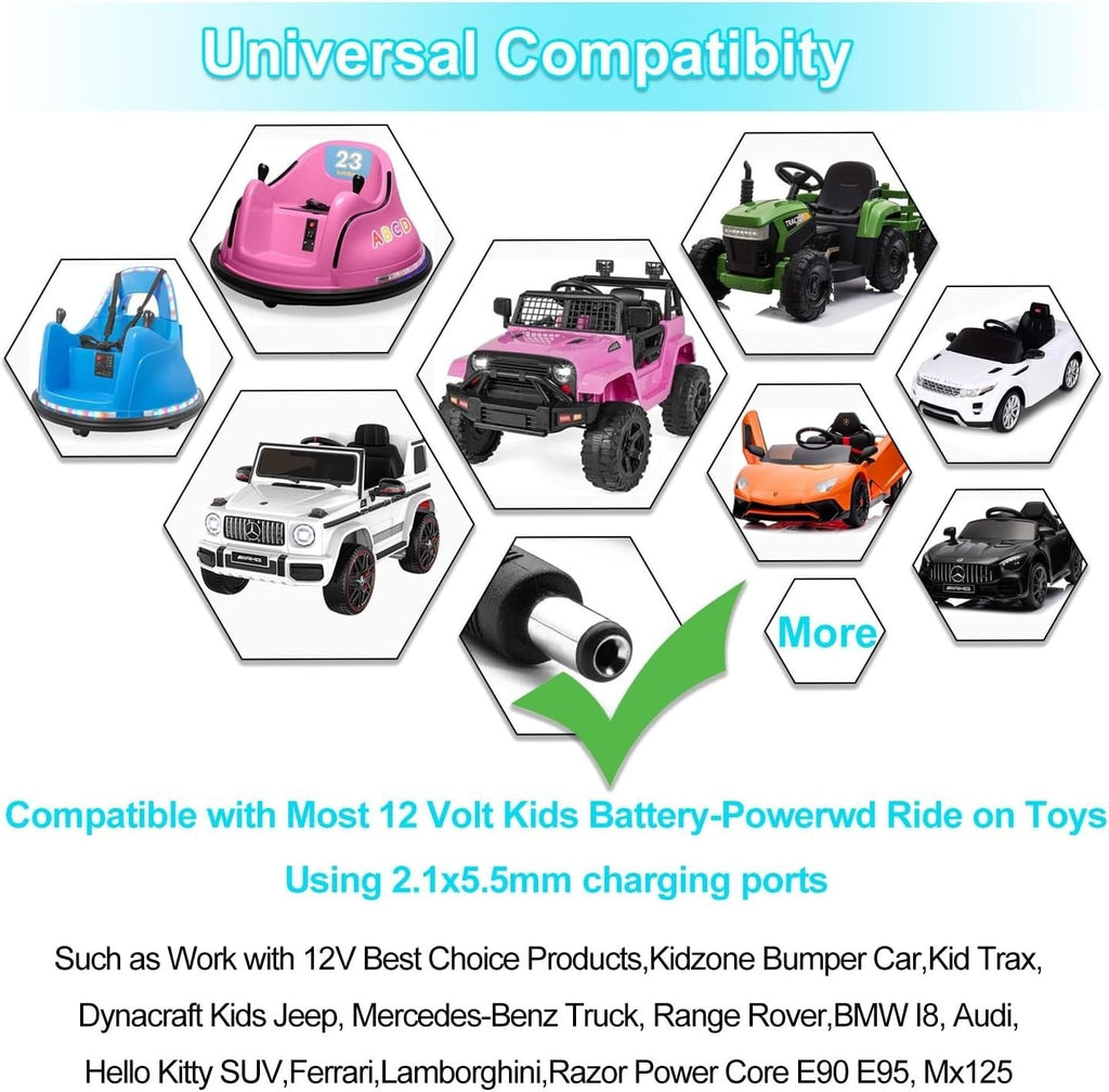 Safe and Reliable 12 Volt Charger for Ride-On Toys with 6ft Cable and LED Status Lights