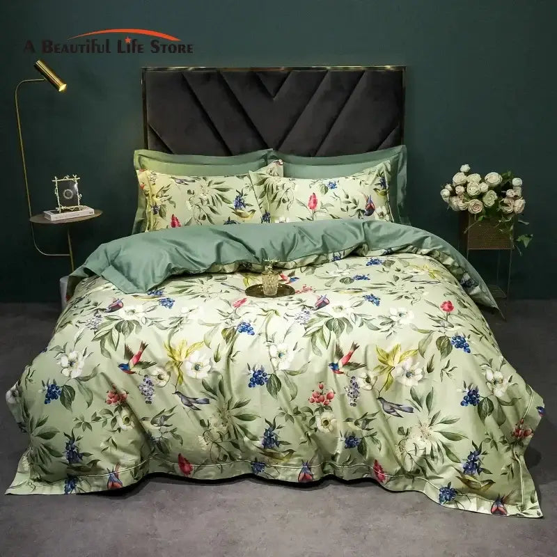 Sage green & cream bird floral 1400tc egyptian cotton bedding set bedroom