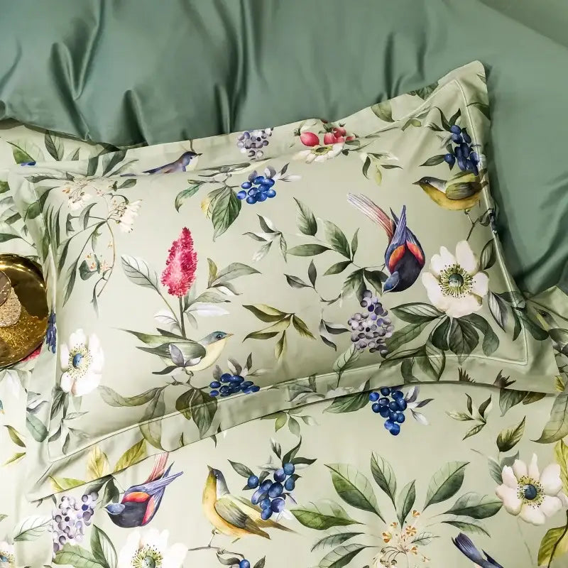 Sage green & cream bird floral 1400tc egyptian cotton bedding set bedroom