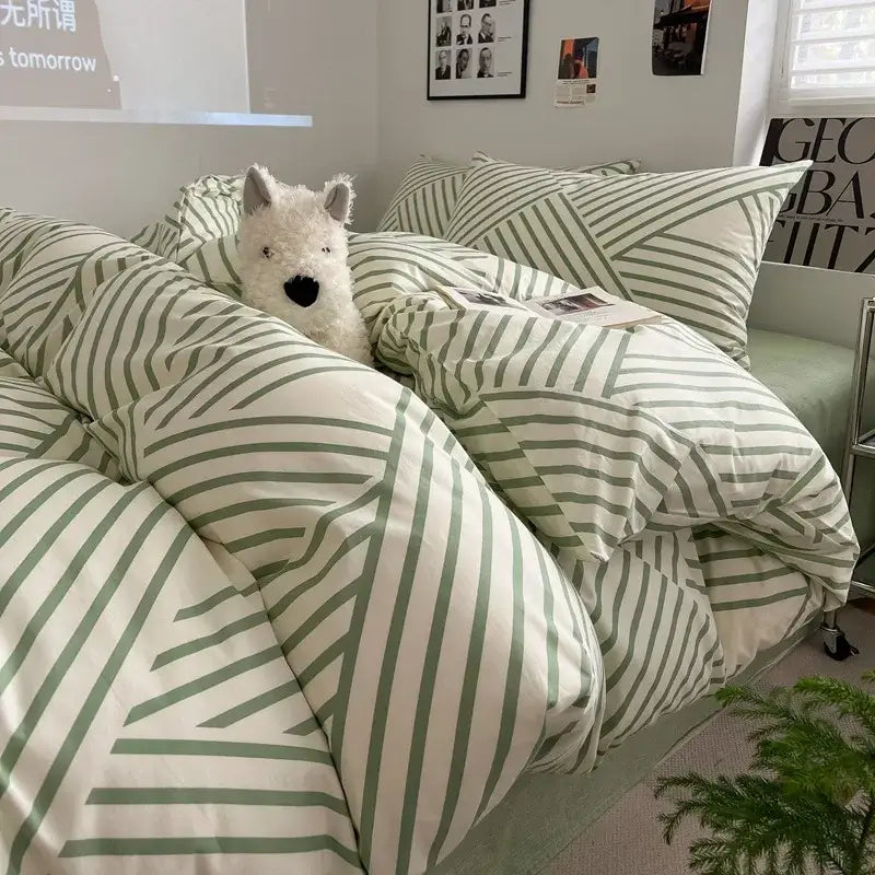 Sage green grid print cotton bedding set for bedroom