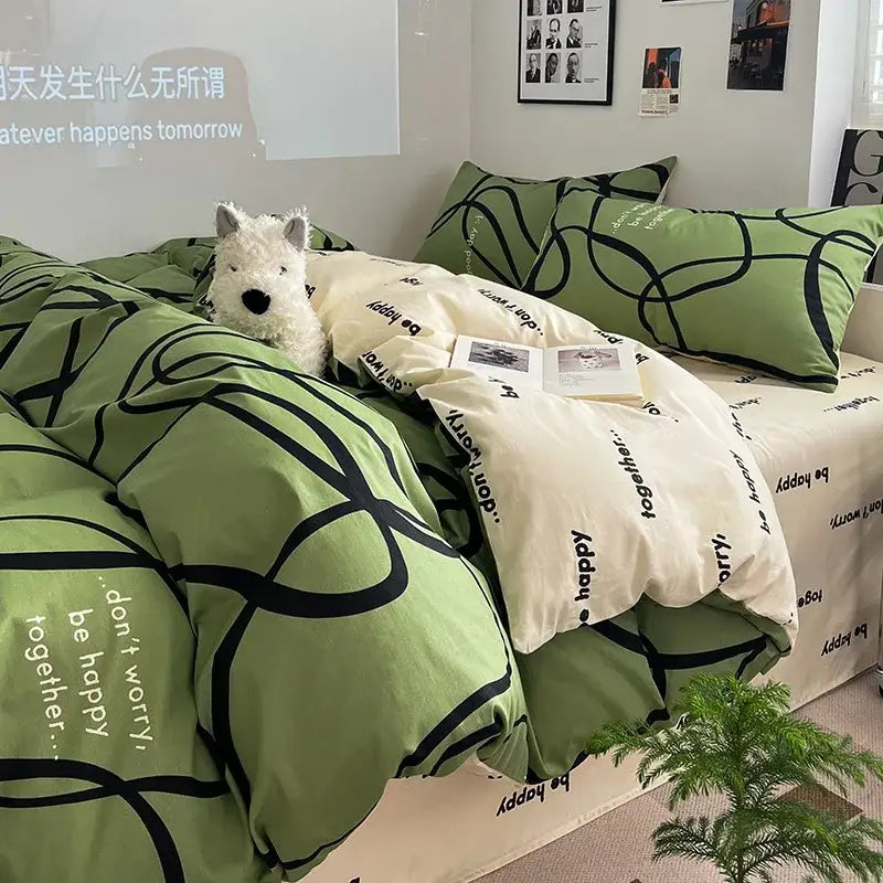 Sage green grid print cotton bedding set for bedroom