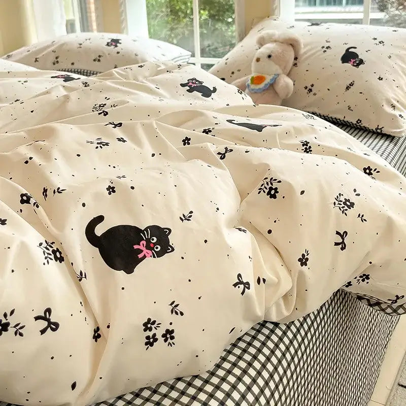 Sage green grid print cotton bedding set for bedroom