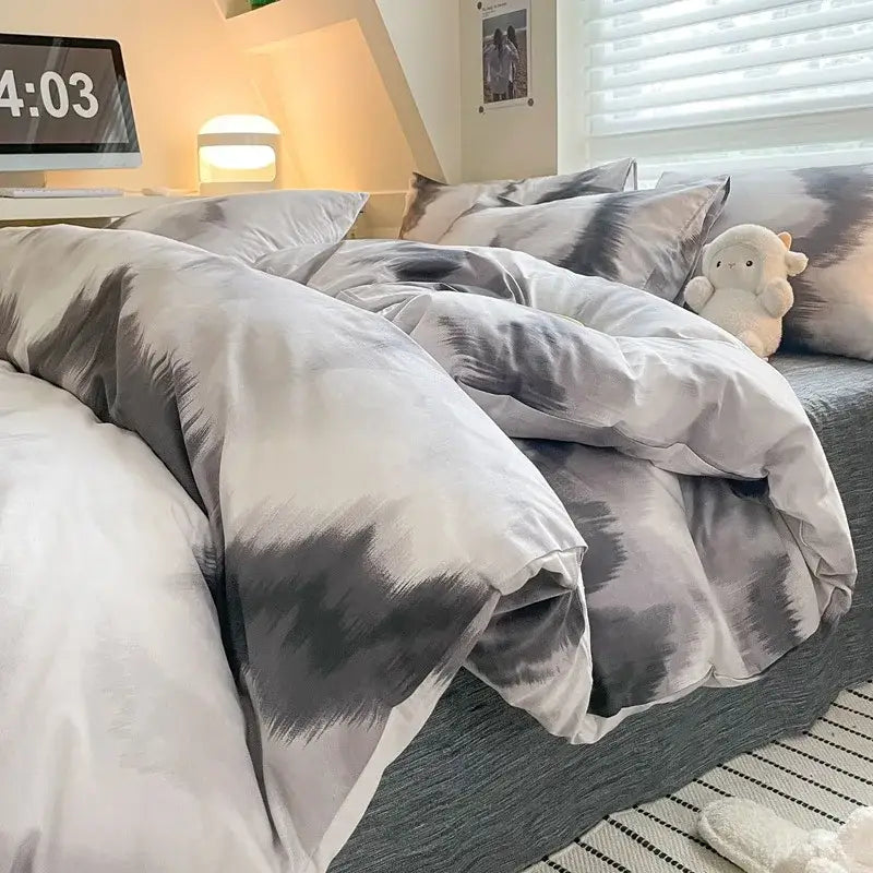 Sage green grid print cotton bedding set for bedroom