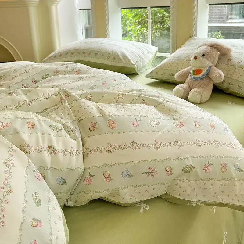 Sage green grid print cotton bedding set for bedroom