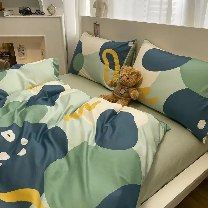 Sage green grid print cotton bedding set for bedroom