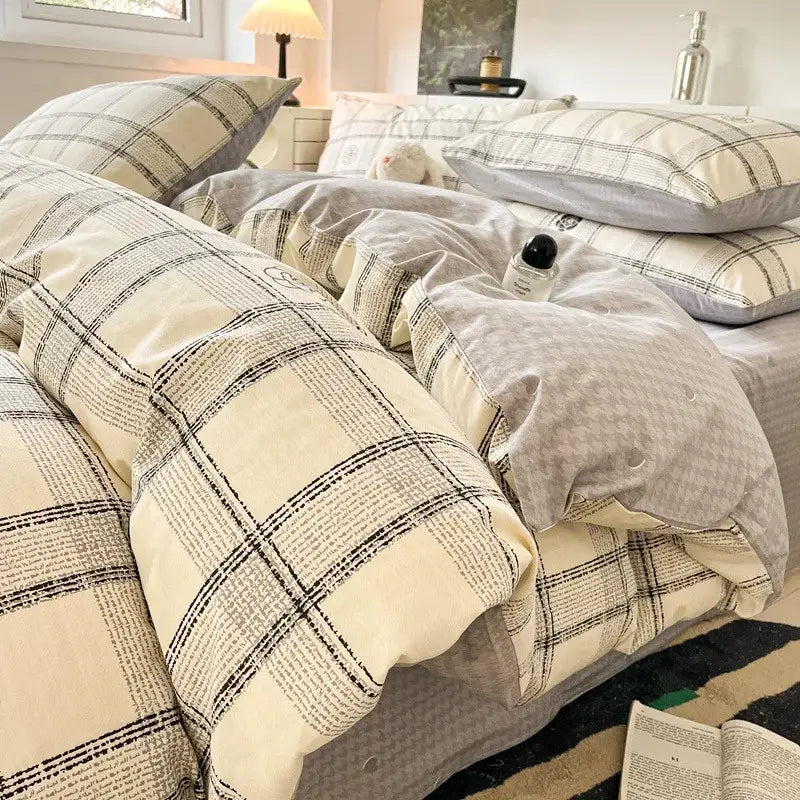 Sage green grid print cotton bedding set for bedroom