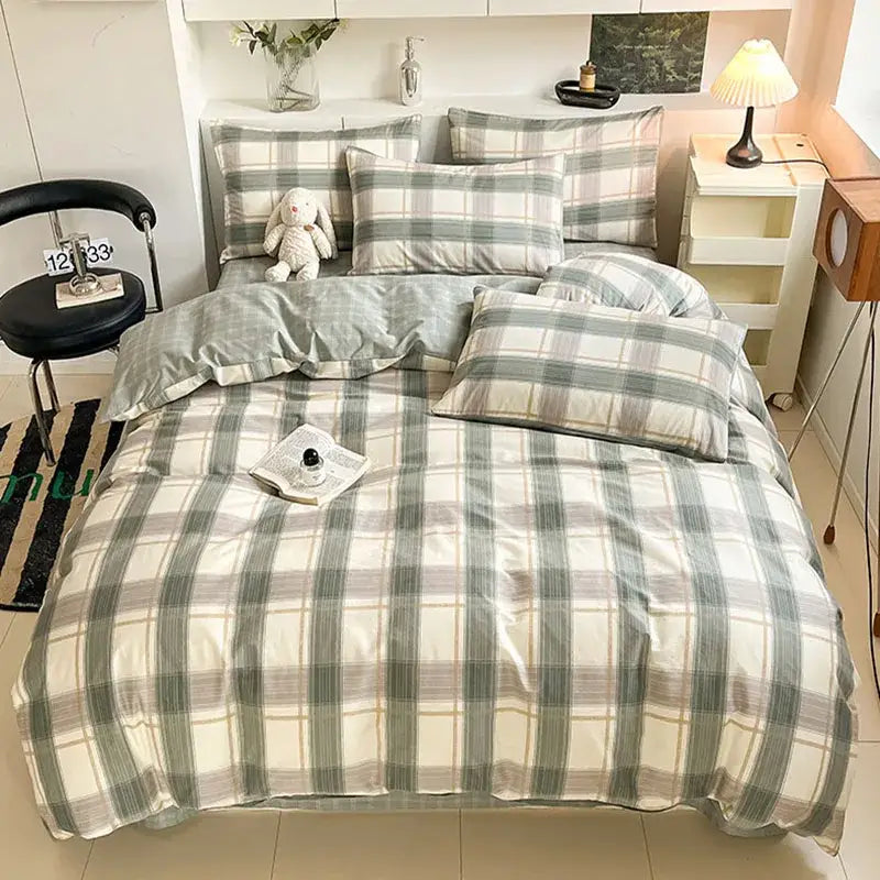 Sage green grid print cotton bedding set for bedroom
