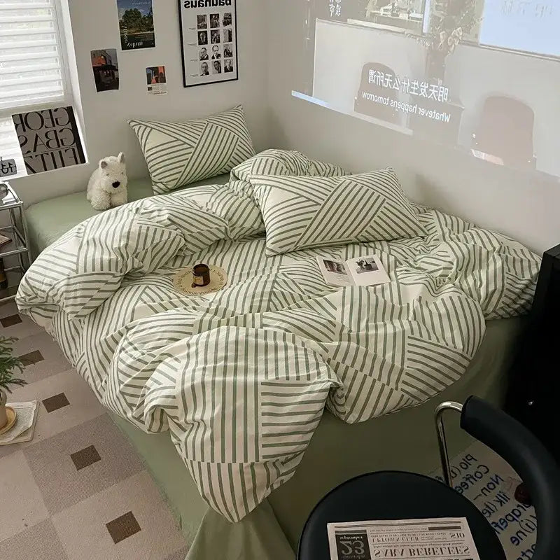 Sage green grid print cotton bedding set for bedroom