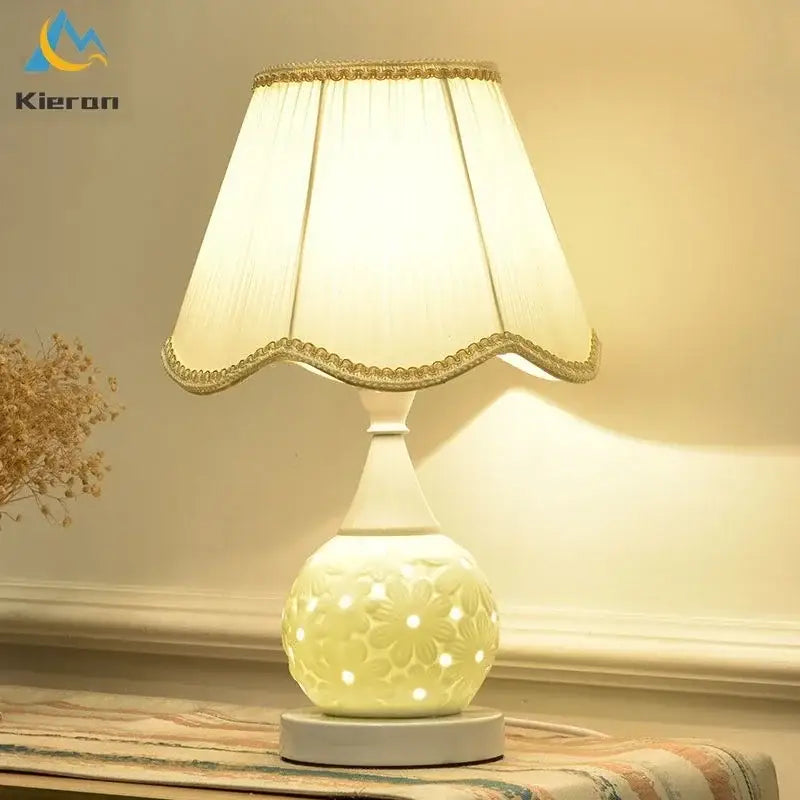 Scalloped cream ceramic led desk lamp bedroom floral decor
