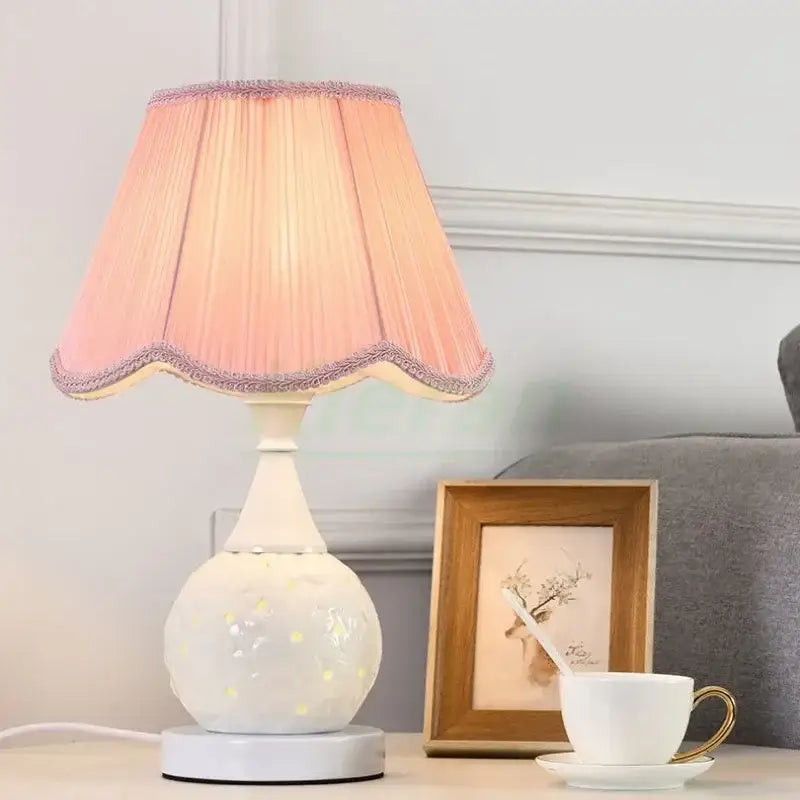Scalloped cream ceramic led desk lamp bedroom floral decor