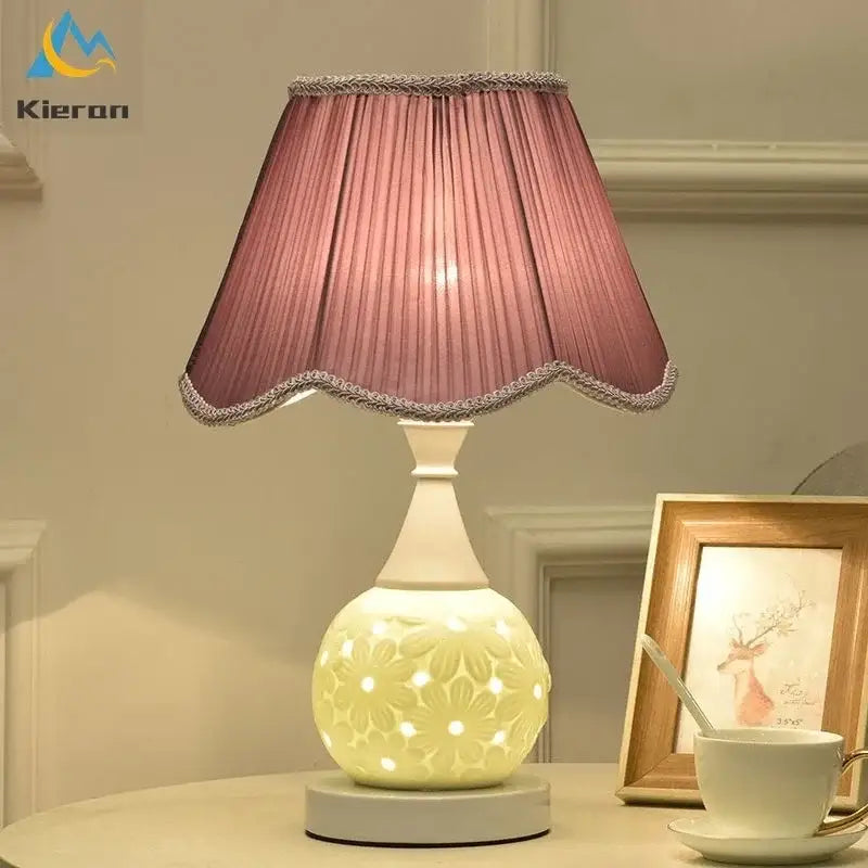 Scalloped cream ceramic led desk lamp bedroom floral decor
