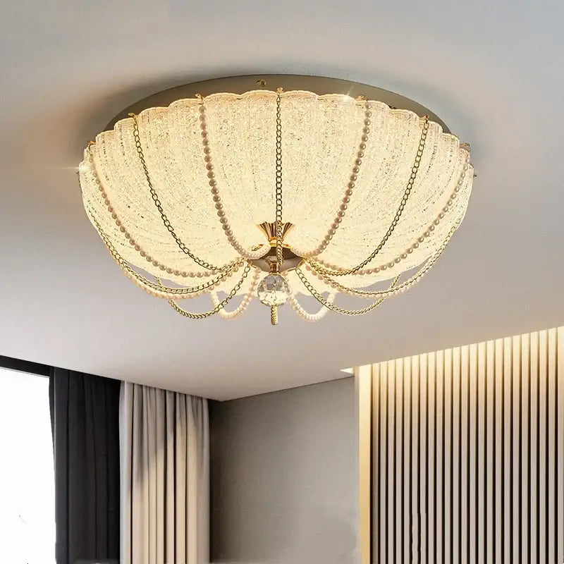 Scalloped gold crystal dimmable led ceiling light for bedroom