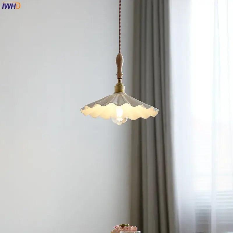 Scalloped white ceramic led pendant light bedroom wood and copper