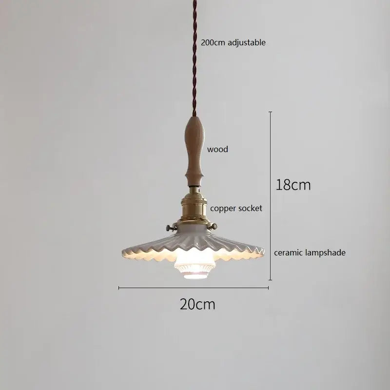 Scalloped white ceramic led pendant light bedroom wood and copper