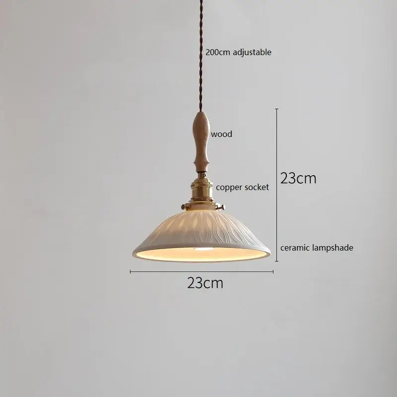 Scalloped white ceramic led pendant light bedroom wood and copper