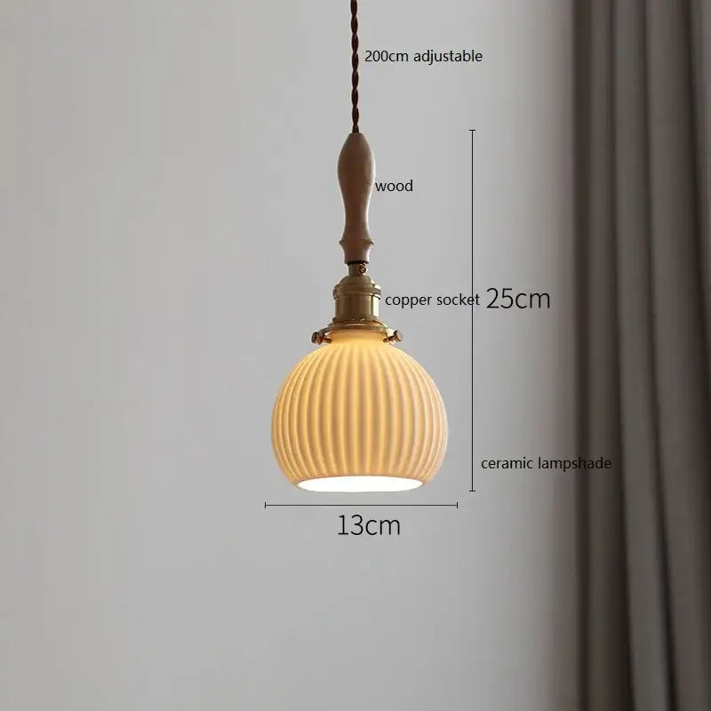 Scalloped white ceramic led pendant light bedroom wood and copper
