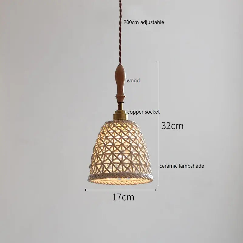 Scalloped white ceramic led pendant light bedroom wood and copper