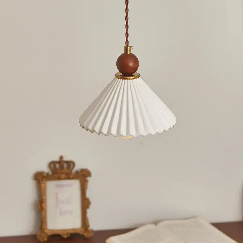 Scalloped white ceramic wood pendant lamp dining room hanging light