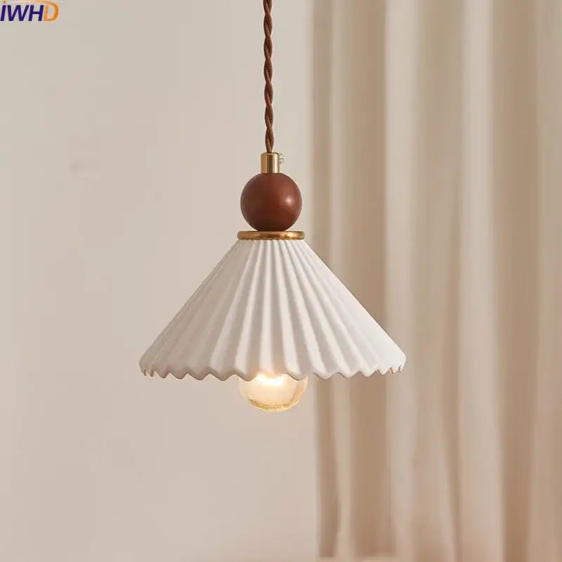 Scalloped white ceramic wood pendant lamp dining room hanging light