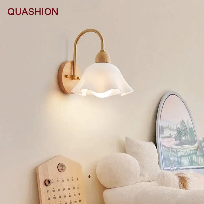 Scandinavian brass and cream led wooden wall lamp bedroom light